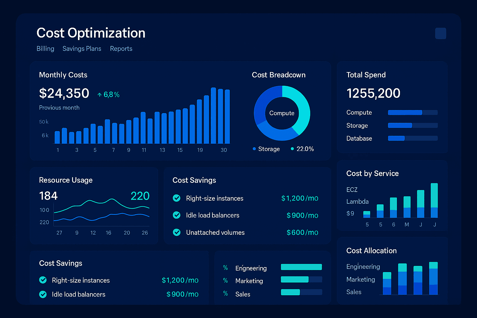 AWS cost optimization dashboard showing savings and resource utilization